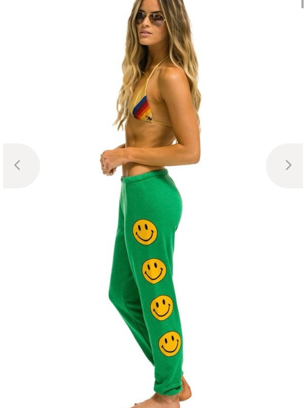 Aviator Nation Green Lounge Pants with Yellow Smiley Face Stripe